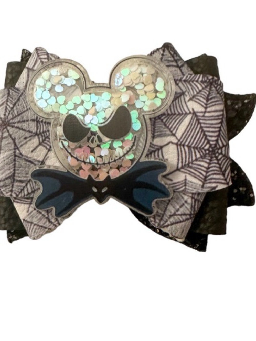 Black & Silver Sequin Skull Bow Hair Clip for Kids Jack skellington